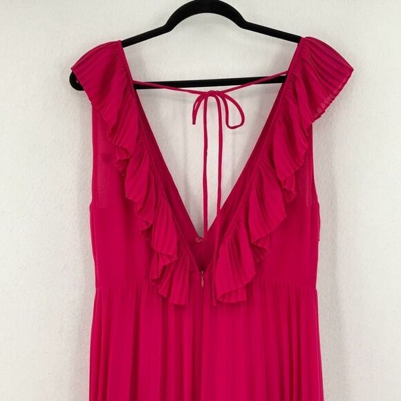 Zara Fushia Pink Plunge V Neck Tie Back Sleeveless Pleated Maxi Dress Medium - Picture 8 of 13